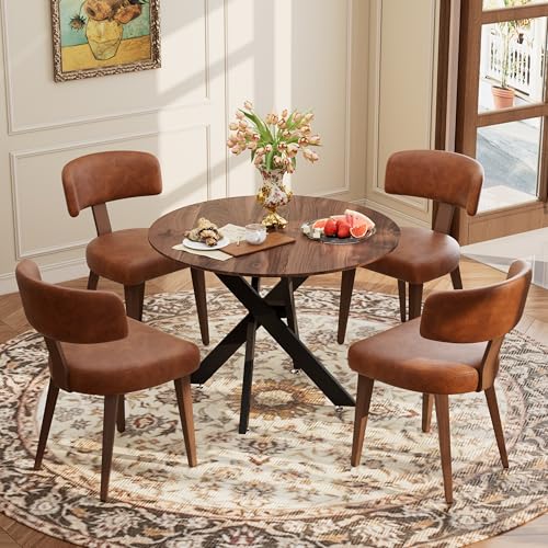 Image of Wood Dining Table Set for 4, 36 inch Round Kitchen Table with 4 Faux Leather Dining Chairs, MDF Tabletop with Metal Legs, Ergonomic Dining Chair with Metal Legs(Woodgrain Table with Brown Chairs)
