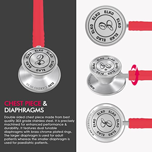 Image of ELKO EL-060 CARDIO III SS Stainless Steel Acoustic Stethoscope | Two-Way PVC Tubing | Double Sided Chestpiece For Adult & Pediatric Patient | Doctors & Medical Students (Pink)