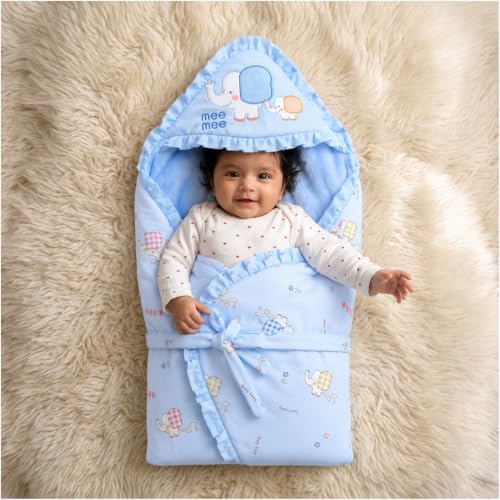 Image of Mee Mee 3-in-1 Baby Wrapper & Carry Nest for Newborns | Soft Breathable Cotton Swaddle with Hood and Cushion | Adjustable Tie-Up Design | Lightweight, Cozy & Easy to Carry (0-6 Months) (Blue)