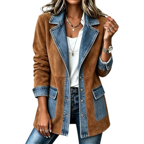 Faux Suede Denim Patchwork Jacket Women Barn Jean Blazer Brown - image 3