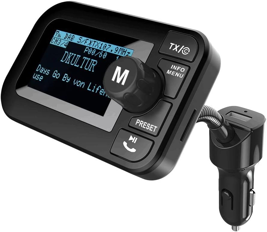 FirstE Car DAB/DAB+ Radio Adapter 2.3" LCD Bluetooth FM Transmitter Handsfree Call Car Kit MP3 Player Music Receiver, Portable Digital Radio with 5V 2.1A USB Port /SD Card/AUX Output/DAB Antenna