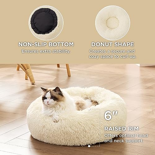 Image of Bedsure Calming Cat Beds Donut Round Washable Kitten Bed,20 inches Cream | Fluffy Faux Fur Cuddler,Machine Washable,Anti-Slip Bottom,Anti-Anxiety,Deep Sleeping for Cats&Small Pets Up to 15 Lbs