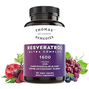 Thomas’ all-natural Remedies Resveratrol 1600mg Organic Trans-Resveratrol Antioxidant Supplement with Organic Grape Seed Extract and Quercetin- Anti-Aging and Cardiovascular Support- 120 Capsules