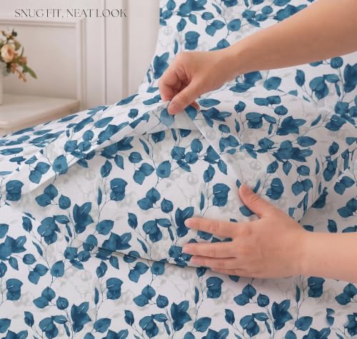 Image of IVAZA Ezyption Cotton Super Soft 240 TC Elastic Fitted All Around Elastic Printed King Size Double Bed Bedsheet with 2 Pillow Cover 72 inch X 78 inch3 White Blue Leaf