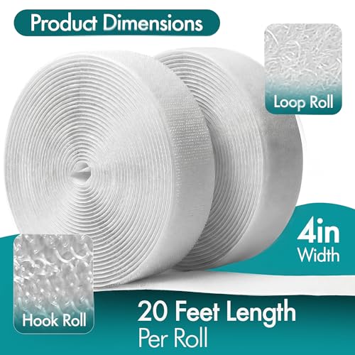 Image of (26ft x 0.75in) White Velcro Strips with Adhesive, Double Rolls of Heavy Duty Self Adhesive Tape with Backing (20ft x 4in + Measuring Tape)