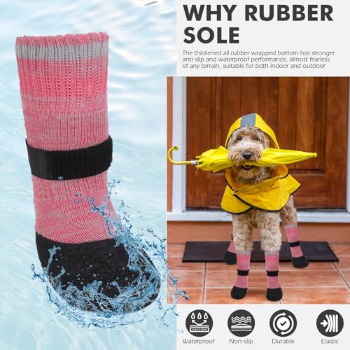 Image of Mihachi Anti Slip Dog Socks, Dog Boots for Hardwood Floors Prevent Licking, Traction Control Waterproof Rubber Sole Paw Protectors for Small Medium Large Dogs, Pink Large