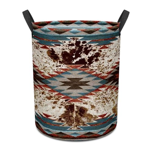Image of Western Aztec Cow Print Baby Laundry Hamper,Laundry Basket,Waterproof Storage Bin for Bedroom,Clothes Organizer Basket,Toys Box,Room Decor