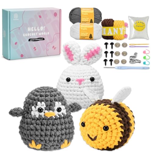 Image of Zepiany Crochet Kit for Beginners, Crochet Kit for Adults Easy Arts Crochet Animals Crafts, Knitting Kit Crochet Kits Women Men with Step-by-Step Video Guides Crochet Gifts, Penguin Bee Bunny