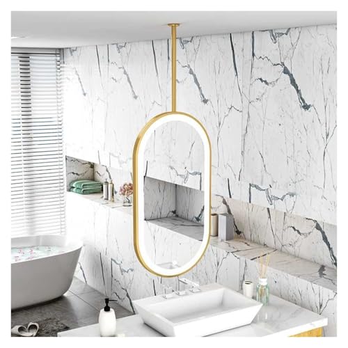 天井吊り下げ式、フローティング式、両面ミラー、LEDライト、曇り止め機能、360°回転式、3色照明付き、家庭装飾用(Gold,40x70cm)