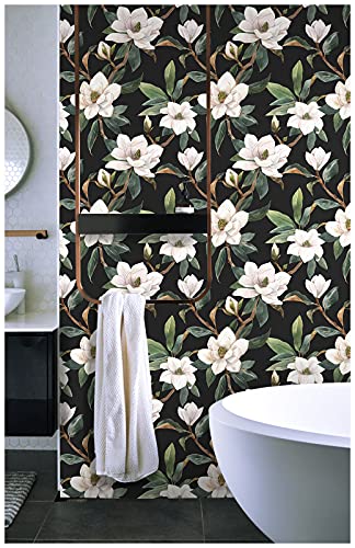 Haokhome 93086 Vintage Floral Peel And Stick Wallpaper Black/White/Green Removable For Bedroom Decorations 17.7In X 118In #TOP2