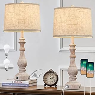 HUITICO Farmhouse Table Lamp for Living Room 3-Way Dimmable Touch Bedside Lamps Set of 2 with USB Charging Ports Traditional Table Lamp for Bedroom Home Office Washed White 27.5