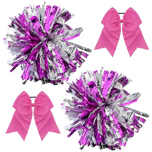 2 Piezas Pompones Animadoras de plástico con 2 Banda elástica Lazo,Rosa Pompones esponjosos Animadora Lámina Metálica Ultra Brillante Con Anillos Dedo,Para Deportivos Deportivo