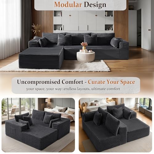 Image of 108 inch Oversized Cloud Sectional Couch, Comfort L Shaped Boneless Couch for Living Room, Extra Deep Seats No Assembly, Minimalist Modular Sofa, Corduroy (Dark Grey, 2 Seater+Left Facing Chaise)