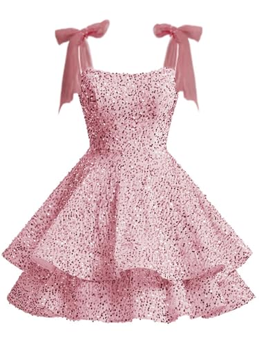 Xijun Sparkly Sequin Homecoming Dresses 2025 Spaghetti Straps Tiered HOCO Dress Bow Cocktail Party Gowns2