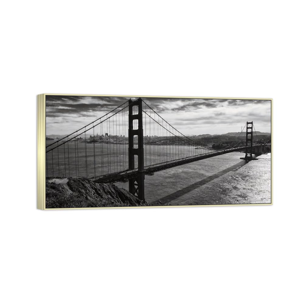 Sea Bridge Black White Landscape Canvas Picture 60x120cm Silver Frame
