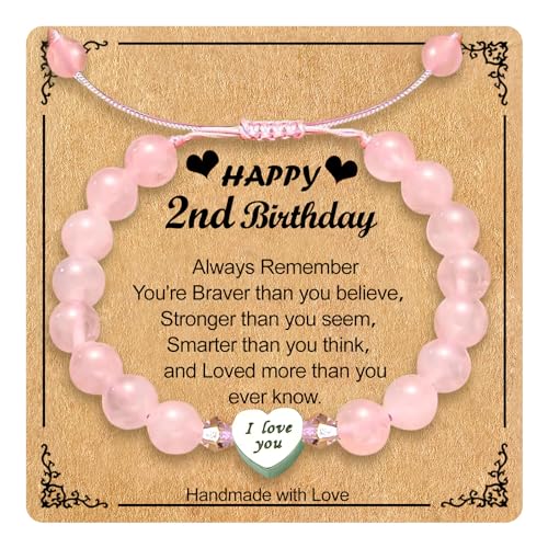 2 Year Old Girl Birthday Gift,Rose Quartz Healing Bracelet as Gifts for 2 Year Old Girls Granddaughter Daughter,Handmade Love Heart Pink Beads Bracelets for Two Year Old Girl Birthday Christmas Gifts