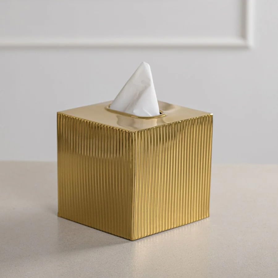 Spread Spain Casa Blanca Square Tissue Box – Desk Tissue Organizer, Tissue Storage, Facial Tissue & Napkin Dispenser for Bathroom, Home & Office, Elegant Napkin Cover Box - Golden 3-image-41