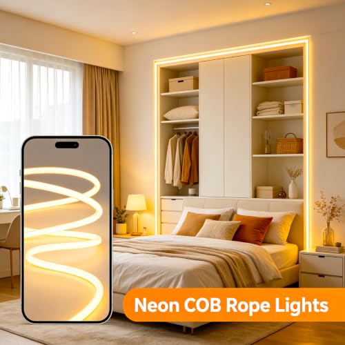 Image of iNextStation 16.4FT Warm White COB LED Strip Lights with Dimmer and Plug | 1560 LEDs Uniform 180 3000K Light with CRI93+, 0.78Inch Cuttable, IP67 Waterproof Silicone Light for Indoor & Outdoor