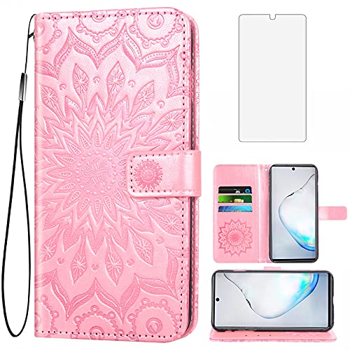 Phone Case for Samsung Galaxy Note 10 Lite Wallet Cases with Tempered Glass Screen Protector and Leather Slim Flip Cover Card Holder Stand Cell Accessories Glaxay A81 Gaxaly M60S N770F Women Rose Gold