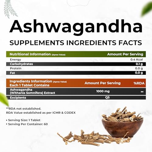 Image of Health Veda Organics Ashwagandha 1000mg | 60 Veg Tablets | Stress Relief, Energy & Immunity Support | Potent Herbal Supplement