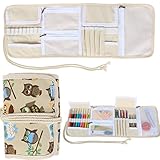 Teamoy Crochet Hook Case, Roll Bag Holder Organizer for Various Crochet Needles and Knitting Accessories, Coffee Owls
