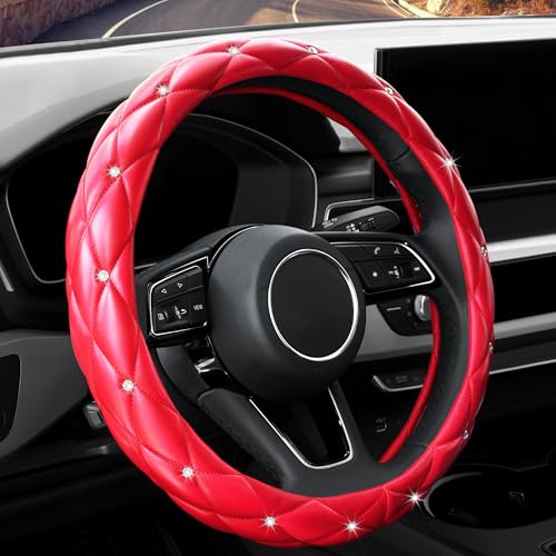Image of YOGURTCK Cute Diamond Soft Leather Anti-Slip Steering Wheel Cover with Bling Bling Crystal Rhinestones, Universal 15 Inch for Women Girls, Fit Vehicles, Sedans, SUVs, Vans, Trucks - Red