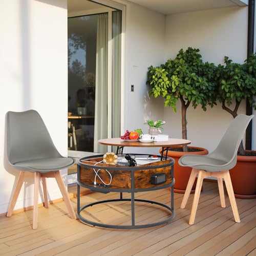 EGGREE Mesa de centro redonda con placa elevadora, mesa auxiliar de altura ajustable con espacio de almacenamiento, mesa de café pequeña con 2 sillas grises, 80 x 80 x 48 cm - 62 cm