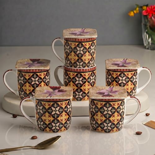 Image of U.P.C. Premium Bone China Ceramic Coffee Mug Set of 6 with 6 Coasters | Designer Tea & Coffee Cups |Printed Ceramic Mug Set | Tea Cups for Home,Office.