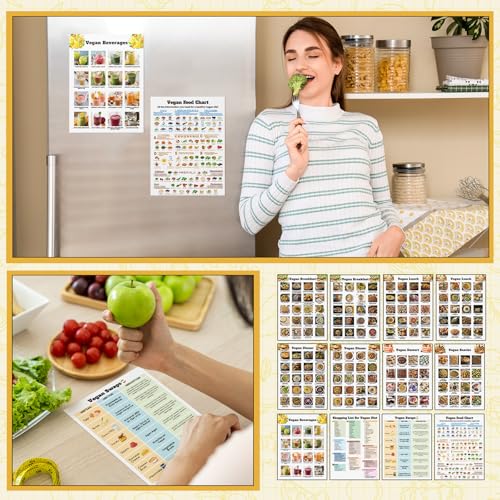 Image of Sinload 12 Pcs Vegan Food List Poster Vegan Diet Meal Plan High Protein Veggie Food Chart, Healthy Eating Guide for Kitchen Home