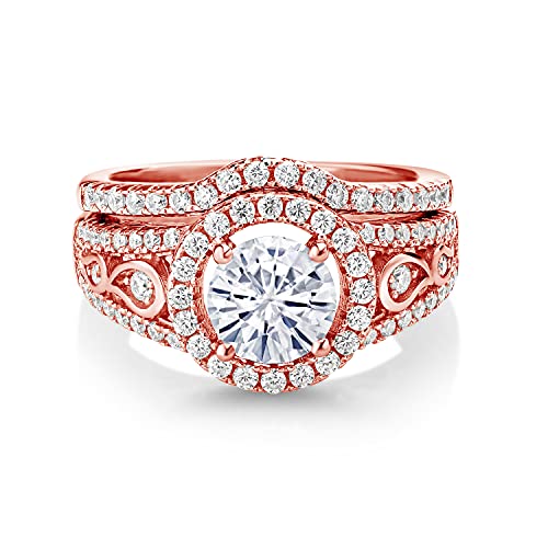 Gem Stone King 18K Rose Gold Plated Silver White Moissanite Wedding Engagement Ring Band Bridal Set For Women | 1.74 Cttw | Round 6.5MM | Available In Size 5, 6, 7, 8, 93