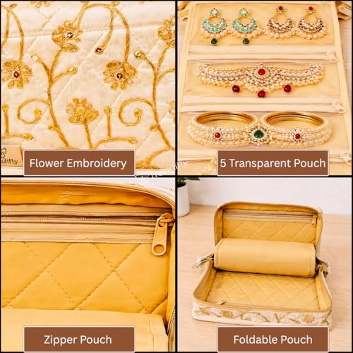 Image of Trendifly Embroidery Sling Jewellery Organiser Storage Bag Pouch for Women & Girls | Bank Locker Jewelry Organizer | Earring Necklace Bangles Organiser for Travel & Gifting (Cream)