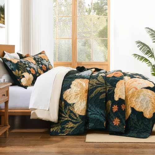 Image of Andency Floral Boho Queen Quilt Bedding Set Dark Green, 3 Pieces Farmhouse Flower Botanical Summer Bedspreads with 2 Shams, Soft Reversible Lightweight Polyester Coverlet Set for All Season, 90 inchx96 inch