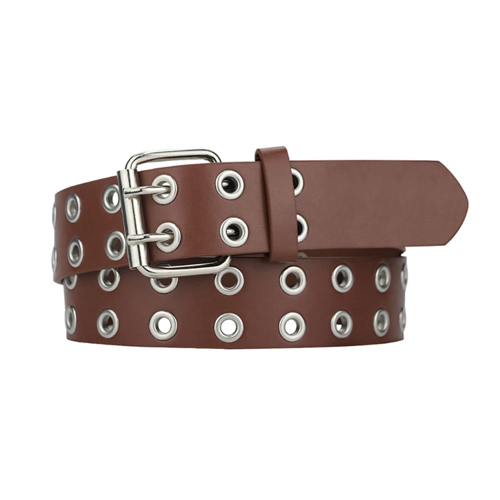 Elegantyl Women's Brown Punk Style Belts Leather Casual Belt Double Pin Buckle Belt For Jeans Streetwear, 110Cm