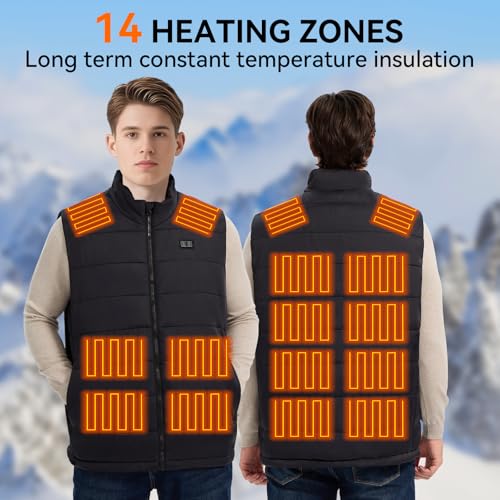 Heated Vest for Men, 14 Heating Zones, Dual Control Electric Heated Vest with Detachable Hood, Battery Not Included2