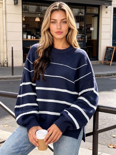 Image of Womens Sweaters Fall Fashion 2026 Color Block Oversized Pullover Knit Tops