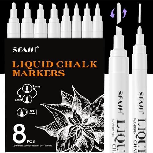 SFAIH White Liquid Chalk Markers for Blackboard Glass - [Wet Wipe No Residue] 8 Pack- (4x) 2mm/4mm Reversible & (4x) 0.7mm Fine Tip Ultra Flow Triple-Tips - Menu Bistro Signs Windows Food Labels