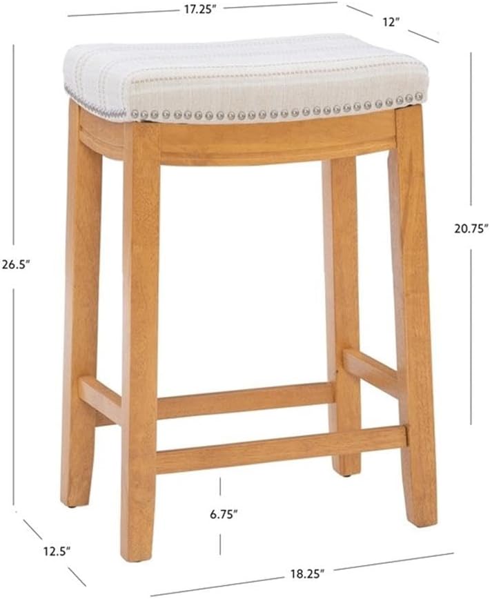 26" Transitional Wood Counter Stool, Striped Beige Upholstery, Rustic Brown Finish, Brushed Silver Nail Head Trim, Counter Height for Kitchen or Bar Seating, 275 lbs Weight Capacity