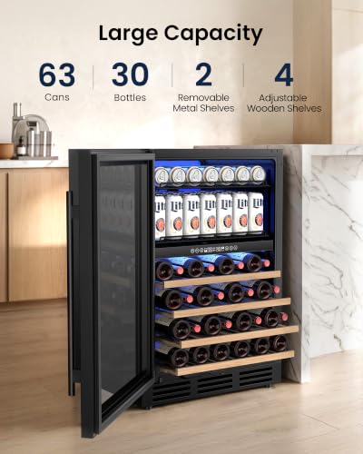 Image of 24 Inch Dual Zone Wine Fridge and Beverage Refrigerator, 63 Cans & 30 Bottles, Built-in Freestanding Under Counter Wine Cooler, UV Glass Door, Quiet Cooling, Lock, for Home Bar Office, Black