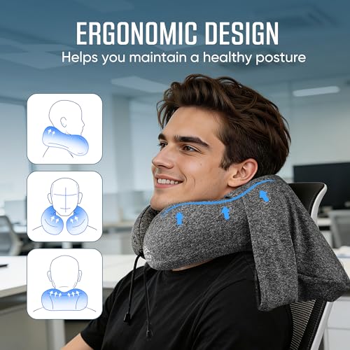 Image of SkytraxComf Travel Neck Pillow with Hood for Privacy on Long Flights | Memory Foam | Airplane Sleep | Safety-Tested Materials | Extra Large Hood | Chin Support | Earplugs | Washable Cover