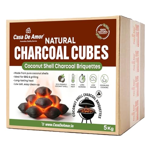 Image of Casa De Amor Natural Charcoal Cubes for BBQ, Grilling & Tandoor | Long Burning, Low Smoke, Odorless Coconut Shell Charcoal | Eco-Friendly Fuel for Barbecue & Outdoor Cooking (5 Kg)