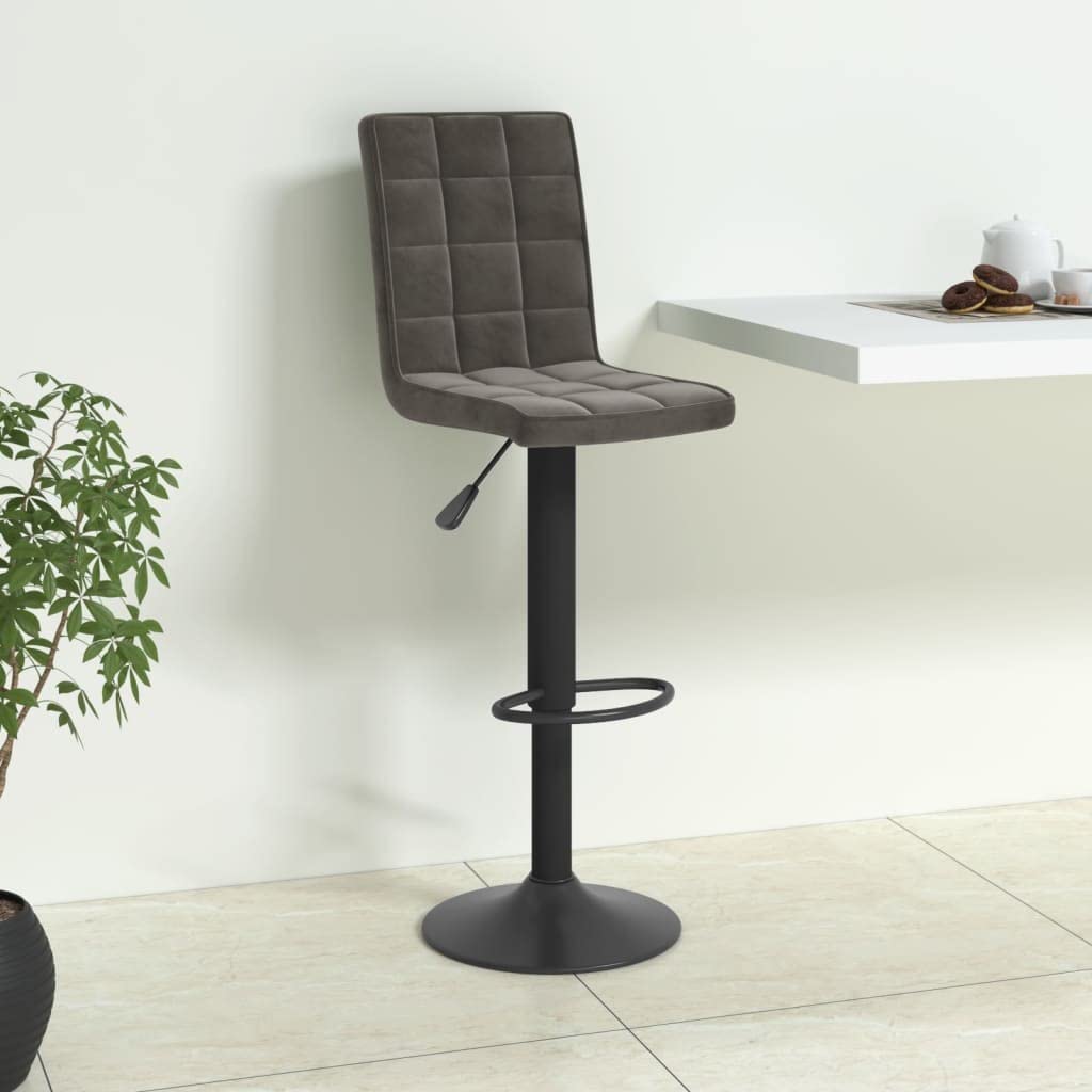 Taburete de bar estable con estructura de acero y suave tapizado en terciopelo, silla de bar regulable en altura con resorte de gas, taburete giratorio con reposapiés en gris oscuro