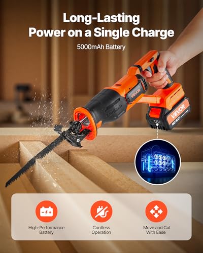 Image of VEVOR 20V Brushless Reciprocating Saw, Cordless Reciprocating Saw with Battery, 3000 SPM Variable Speed, 1 inch Stroke Length Charger, 8 Blades, and Carrying Bag, for Wood, Metal and Plastic Cutting