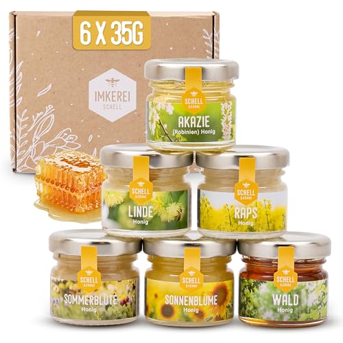 Imkerei Schell - Honig Geschenkset (6x35 g) Die Traditionellen - Honigset ideal zum Verschenken oder Probieren - Mini Honiggläser gefüllt mit Akazienhonig Lindenhonig Waldhonig