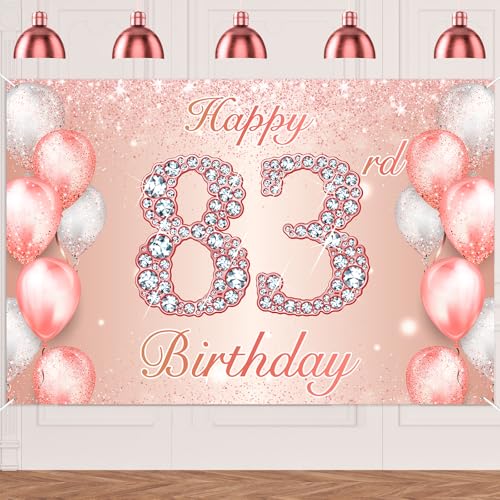 Image of Happy 83rd Birthday Rose Gold Banner Cheers to 83 Years Old Backdrop Confetti Balloons Theme Decor for Women 83 Years Old Pink Birthday Party Decorations Bday Supplies Background Favors Gift Glitter