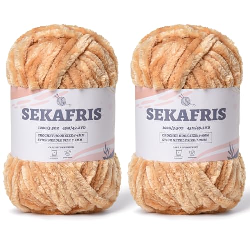 Image of Chenille Velvet Soft Yarn Khaki 2 Pack | 200g /98.4yds Fuzzy Chunky Chenille Yarn for Crocheting Plush Yarn for Hand Knitting Amigurumi Fluffy Yarn
