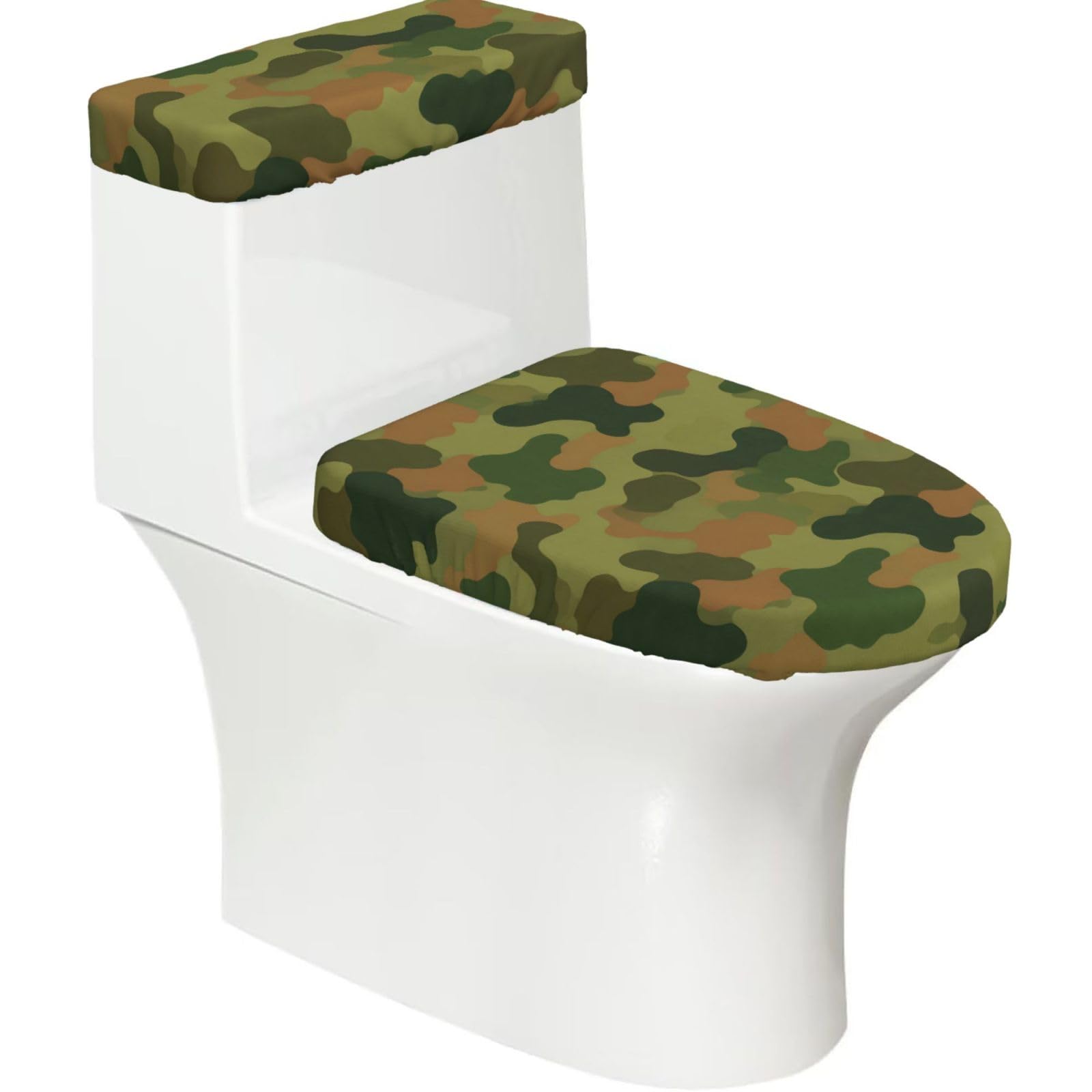 Camo Elastic Toilet Cover Set of 2-Stretchy Lid and Tank Covers for Bathroom, Soft Washable U Shape Toilet Decor