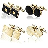 4 Pair Gold Cufflinks For Men Set, Cuff Links Mens Personalised Cufflinks For Men, Round And Square Mens Cuff Links Set Classic Elegant Black Tone Cufflink For Business Graduation Formal Occasion