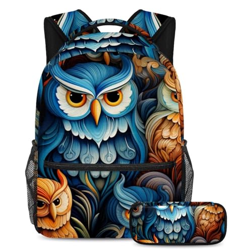 Cartable grande capacite motif hibou artistique avec trousse Large