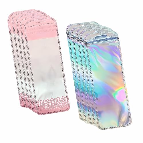 100 PCS Beadable Pen Bags Pink Pen Packaging Bags Resealable Holographic Beaded Bags for Small Bussniss Ziplock Packaging Bag for Jewelry,Pen2.75x8.66