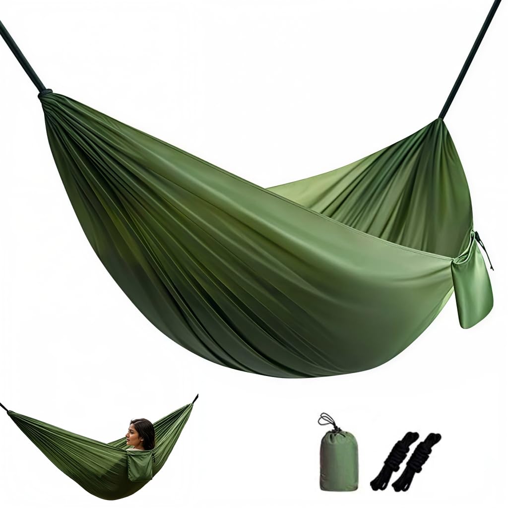 Proberos® Portable Camping Hammock, 150kg Loading Outdoor Swing, Lightweight Parachute Nylon Outdoor Hammock, Built in Pocket, Ropes & Storage Bag, Travel Hammock for Camping, Backyard (210x140cm)-image-5